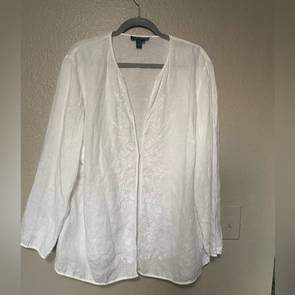 Lauren Ralph Lauren Long Sleeve White Linen Blouse/Cover up